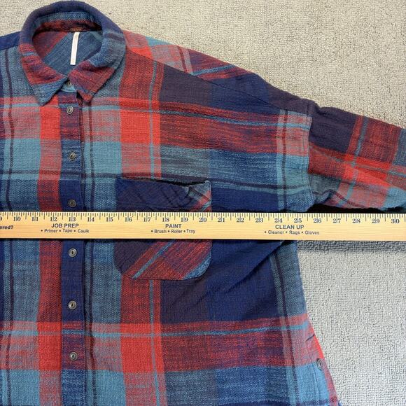 Free People Womens Flannel Blue XS/TP Plaid Oversized Long Sleeve Cat Eye Button - Picture 5 of 8